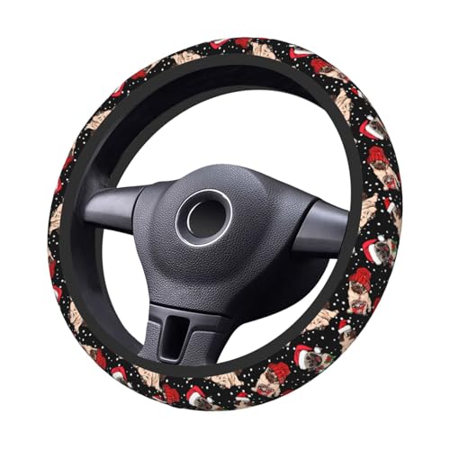 Christmas Xmas Style Santa Cute Funny Pug Cute Dog Black and White Car Steering Wheel Cover,Non-Slip Elastic Neoprene-Sweat Car Accessories,Universal 15 Inch Fit Auto, Vans Trucks,Suvs, Truck - color: Funny Pug