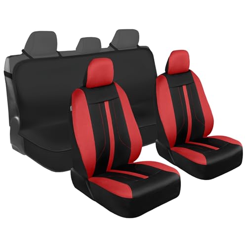 Motor Trend Front & Rear Car Seat Covers Full Set - Red Cloth Bucket Seat Covers for Front Seats + Waterproof Rear Split Bench Cover – Universal Fit for Car Truck SUV Van Interior Protection - color: Red-Full Set