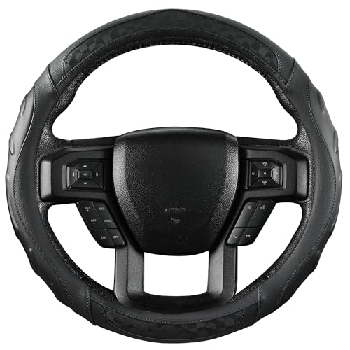 Black Seal Custom-Fit Steering Wheel Cover for Ford F-150, F-250, F-350, Expedition, 15.5–16", Anti-Slip PU Leather (Black) - color: Black
