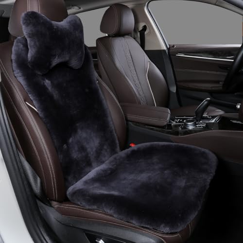Fuzzy Sheepskin Car Seat Covers | Genuine Fur Wool Seat Protectors for Leather Bucket Seat Cushions | Fluffy Warmers for Mercedes, Audi & Luxury Cars | Flush Furry Interior Upgrade, Carbon Black - color: Carbon Black