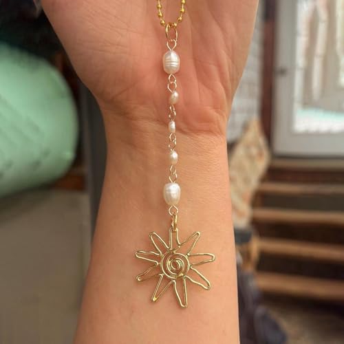 Sun Hanging Car Charm,Green and Gold Rear View Mirror Accessories Cute Boho Dangling Sun Car Decor Handmade Healing Crystals Stones Ornament Gifts for Women Men (White Pearl)
