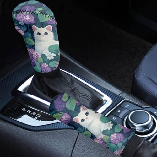 Cat Hydrangea Pattern Car Handbrake Cover Gear Shift Cover Set of 2, Anti-Slip Auto Handle Level Stick Knob Cover Gear Shift Knob Cover Car Interior Decoration - color: Cat Hydrangea