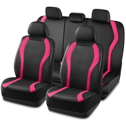 PIC AUTO Leather Car Seat Covers, Premium Automotive Waterproof Front & Rear Full Set Bucket Car Seat Protectors, Black and HotPink PVC Patchwork, Fits for Cars, Trucks, Van, SUV, Airbag Compatible - color: HotPink, size: Full Set (Front & Rear)