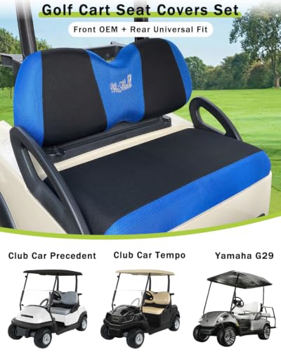 Golf Cart Seat Covers Front & Rear Set for Club Car Precedent | Also Fits Club Car Tempo & Yamaha G29 | Breathable Mesh | Cool & Sweat-Proof | Machine Washable | Easy to Install, Black&Blue - color: Black & Blue, size: Rear + Front Seat Precedent TEMPO YA