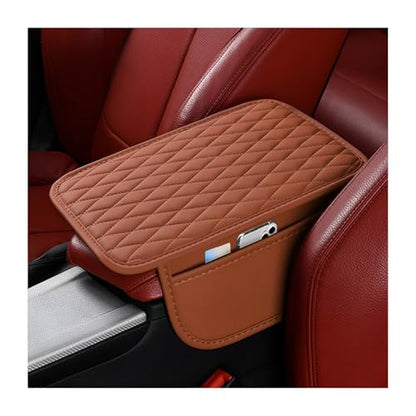 Car Center Console Cover, Leather Vehicle Armrest Seat Box Cushion Pad with Storage Bags, Waterproof Automotive Middle Console Protector, Universal for SUV RV Truck (Brown)