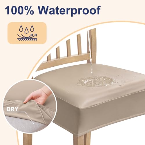 Smiry Waterproof Pu Leather Seat Covers for Dining Room Chairs Set of 4, Stretch Fit Removable Washable Kitchen Chair Seat Slipcovers Protector, No Rear Covers, Taupe
