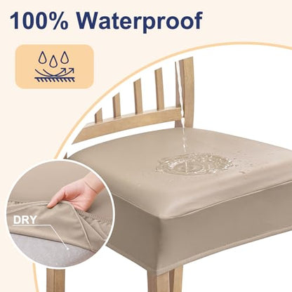 Smiry Waterproof Pu Leather Seat Covers for Dining Room Chairs Set of 4, Stretch Fit Removable Washable Kitchen Chair Seat Slipcovers Protector, No Rear Covers, Taupe