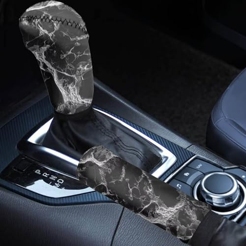 2 Pcs Marbling Print Car Handbrake Cover Gear Shift Knob Cover, Universal Fit Anti Skid Universal Car Accessories for Truck SUV Sedan Van - color: Marbling A - Black and White
