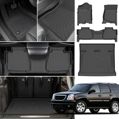 Floor Mats for Chevy Tahoe 2007 2008 2009 2010 2011 2012-2014 & GMC Yukon Bench (NOT fit XL or Hybrid), for Chevrolet Tahoe Floor Mats 1st & 2nd Row & Cargo Liner, 8 Seats, TPE Summer Winter - style: 4)2007-2014|Tahoe 8 Seats|Floor&Cargo Mats