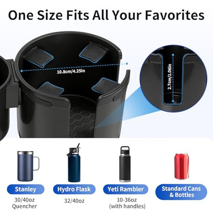 Car Cup Holder Expander W/Offset Adapter, 2-in-1 Cup Holder Extender for Large Bottles up to 4.3", Adjustable Base Fits Stanley, Hydro Flask, Yeti, Universal Car Cup Holder for Most Vehicles