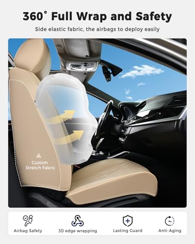Huidasource Car Seat Covers Full Set, Leather Seat Cover Universal Fit for Most Cars Sedans SUVs Trucks, Airbag Compatible, Cup Holder Access, Easy Install, Wipes Clean, Wear-Resistant, Beige - color: A-Beige, size: 5pcs Full Set