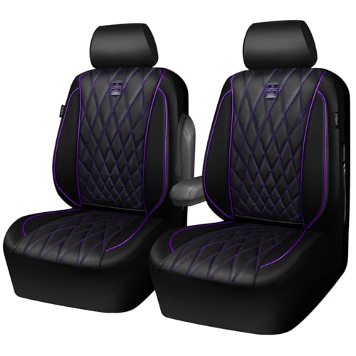 CAR PASS Piping Luxury Faux Leather Two Front Car Seat Covers, Waterproof Anti Slip Premium Automotive Seat Covers,Universal Fit for Suvs,Vans,Trucks, Armrest Airbag Compatible (Black and Purple) - color: Black and Purple, size: Two Front