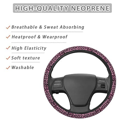 Retro Pink and Black Leopard Print Steering Wheel Cover for Women Men, Non-Slip Steering Wheel Protector Car Wheel Covers, Universal 15 Inch Fit for Auto, Suvs, Truck - color: Retro Pink And Black Leopard Print