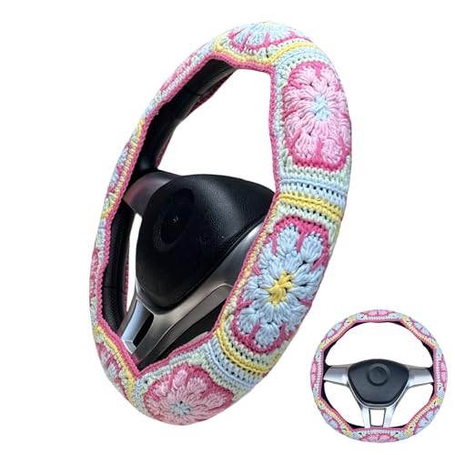 Handmade Crochet Pink Fower Granny Square Car Steering Wheel Covers Universal 14-15 inch for Women and Men (Steer Wheel Cover) - color: Steer Wheel Cover