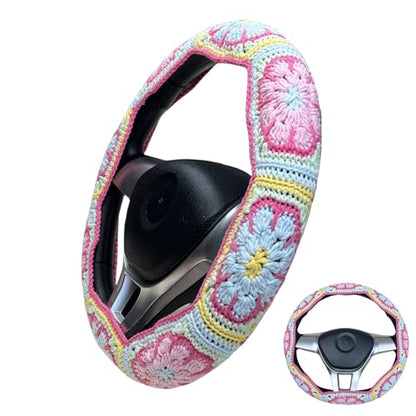 Handmade Crochet Pink Fower Granny Square Car Steering Wheel Covers Universal 14-15 inch for Women and Men (Steer Wheel Cover) - color: Steer Wheel Cover