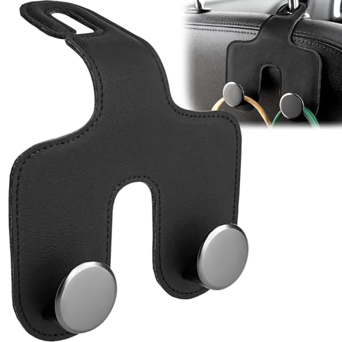 JESTOP Car Headrest Hook, Bags Hanger for Car, Leatehr Car Double Hooks for Purses and Bags, Car Hanger Storage Holder for Handbag Coat Umbrella, Car Inside Accessories - color: Black, size: 1 PC