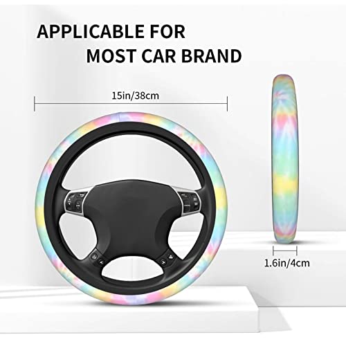 Rainbow Tie Dye Steering Wheel Cover for Women Men with 2 Pcs Car Coasters, Universal 14.5-15 Inch Rainbow Steering Wheel Covers Non-Slip Car Accessories for Girls - color: tie dye