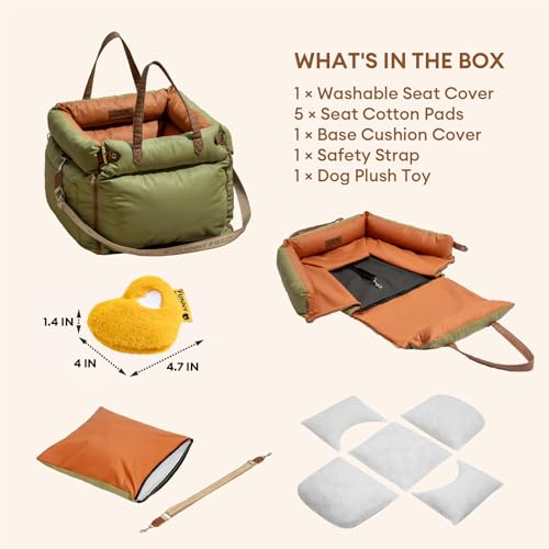 FUNNYFUZZY Luxury Dog Car Seat for Small Medium Dogs Under 35 lbs, Waterproof Leather Pet Booster Seat with Safety Leash & Anti-Slip Base, Fully Padded Dog Car Bed, Portable Puppy Carrier(Green)