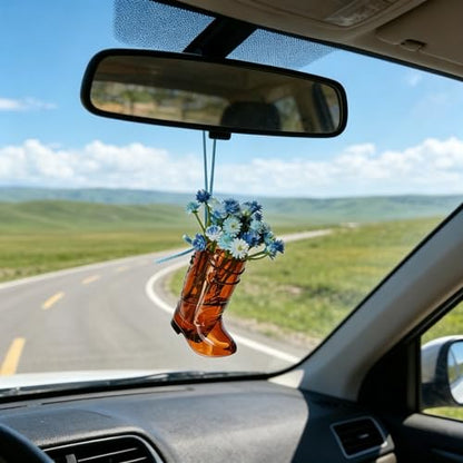 Cowboy Boot Car Charm Country Rear View Mirror Wildflower Bouquet Car Mirror Charm Western Car Accessories Blue Bow Hanging Cute Car Decor Ornament Pendent for Women Man