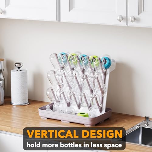 SpaceAid Baby Bottle Drying Rack with 20 Hooks, Space Saving Kitchen Bottles Rack Dryer, Vertical Baby Bottle Holder Organizer for Countertop Storage Accessories (White and Taupe)
