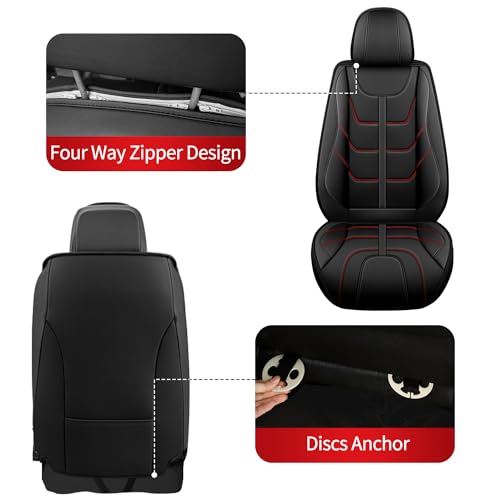 Custom Fit Faux Leather Seat Covers for Nissan Frontier 2007-2026 Full Set 5 Seats, Airbag Compatible, Black with Red Stitching - color: #077 Black&Redline, size: 5 Seats
