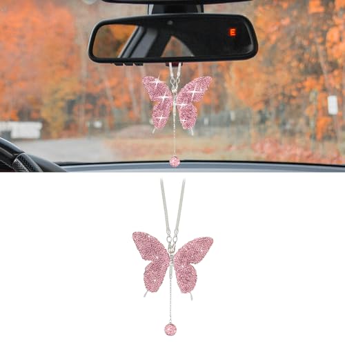 Bling Butterfly Diamond Car Accessories, Crystal Car Rear View Mirror Charms for Women, Car Decoration Lucky Hanging Interior Crystal Ornament Pendant Decor for All Cars (Pink) - color: Pink
