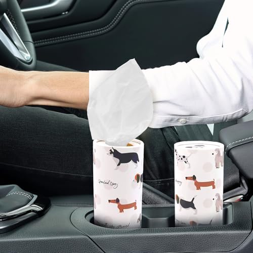 4 Pack Car Tissue Box with Facial Tissues,Cute Round Tissue Boxes for Car,Puppy Car Tissue Holder,Refill Cylinder Tissues for Car Holder Travel Bathroom(Dog)