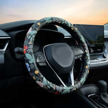 Flowers and Strawberries Steering Wheel Cover Auto Leather Steering Wheel Protector, Anti-Slip, Breathable, Absorbing Sweat, Universal Car Accessories 14.5–15 inch,Fit for Most Car, Trucks, SUV - style: Flowers and Strawberries