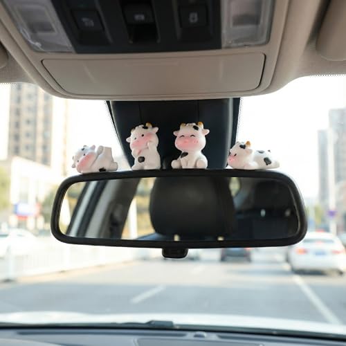 6pcs Mini Cow Car Dashboard Decor, 6 Styles Cute Cow Print Car Accessories, Playful Cows Rear View Mirror Ornaments Decorations for Offices, Home