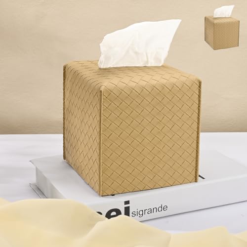 HOMOTEK 2 Pack Tissue Box Cover, Square PU Leather Tissue Holder, Decorative Facial Tissue Cube Paper Organizer Dispenser for Bathroom, Night Stands, Desk, Car 5X5X5'' - Woven Waffle,Camel - color: Camel, size: Woven Waffle
