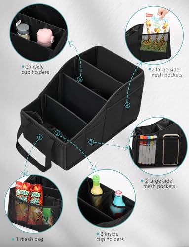 Car Seat Organizer Backseat Car Organizer with 4 Compartments, 4 Cup Holders and 7 Mesh Pockets for Front and Rear Seat, Black - color: Black