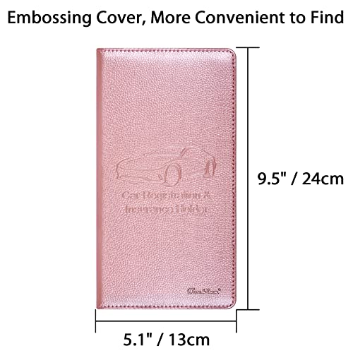 Car Insurance and Registration Holder, 9.5 x 5 Inch PU Leather Vehicle Glove Box Organizer Wallet Case for Insurance Card, Driver License, Paperwork - Rose Gold - color: RoseGold