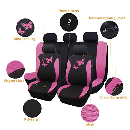 Flying Banner Butterfly car seat Covers ful Set Fashion Universal Lady Woman Female Rear Bench Split Colorized (Full Set, Pink) - color: Pink, size: Full set