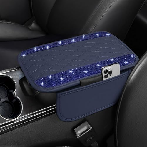 NBTEPEM Bling Blue Car Center Console Cover, Leather Car Arm Rest Cover with 2 Storage Bags, Universal Auto Armrest Protector Storage Box, Bling Accessories Interior for Most Vehicles - color: Blue Leather