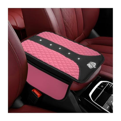 Bling Crown Car Center Console Cover, Crystal Leather Auto Armrest Box Cushion with 2 Storage Bags, Universal Crown Middle Console Cover Arm Rest Protector for Most Vehicles (Pink) - color: Pink
