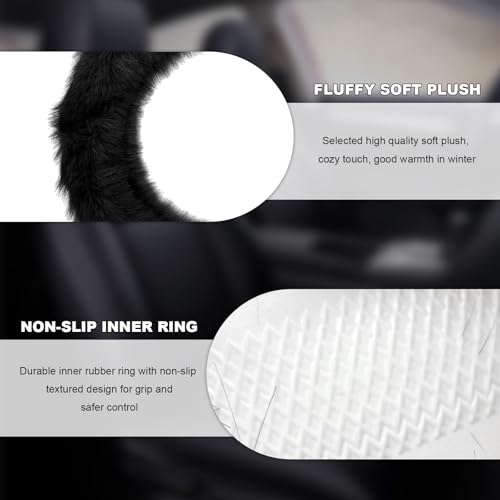 Fluffy Steering Wheel Cover, 15 Inch Anti-Slip Microfiber Plush Fuzzy Steering Wheel Cover, Winter Warm Elastic Fuzzy Steering Wheel Covers for Women and Men, Car Accessories (Black) - color: Black