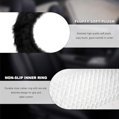 Fluffy Steering Wheel Cover, 15 Inch Anti-Slip Microfiber Plush Fuzzy Steering Wheel Cover, Winter Warm Elastic Fuzzy Steering Wheel Covers for Women and Men, Car Accessories (Black) - color: Black