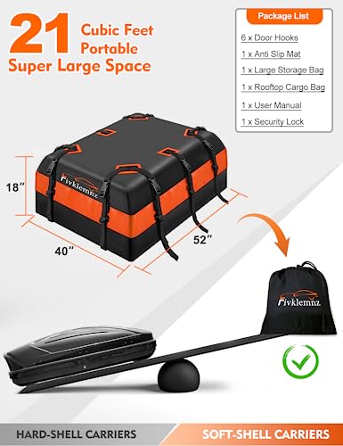 FIVKLEMNZ 21 Cubic Car Rooftop Cargo Carrier Roof Bag Waterproof for All Top of Vehicle with/Without Rack Includes Topper Anti-Slip Mat + Reinforced Straps + 6 Door Hooks + Luggage Lock - size: 21 Cubic Feet