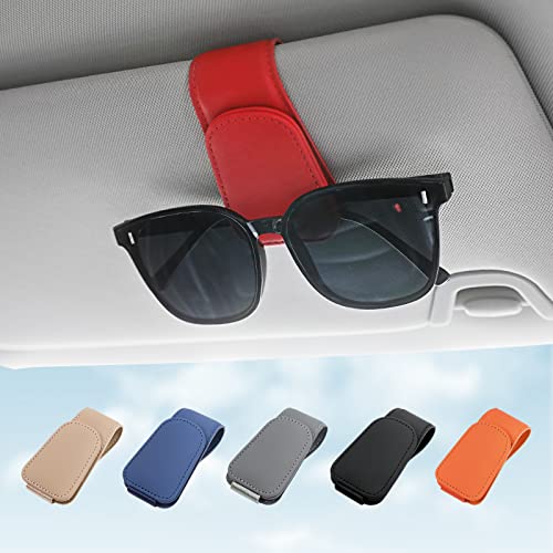 Sunglass Holder for Car Visor Sunglasses Clip Magnetic Leather Glasses Eyeglass Holder Interior Car Accessories for Woman Man - 2 Packs Red - color: Red