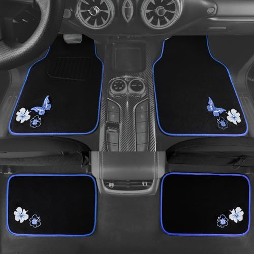 CAR PASS Universal Fit Embroidery Butterfly and Flower Car Floor Mats, Blue Car Floor Mats Fit 95% Automotive,SUVS,Sedan,Vans,for Women,Girly,Set of 4 (Black with Blue) - color: Blue Butterfly and Flower