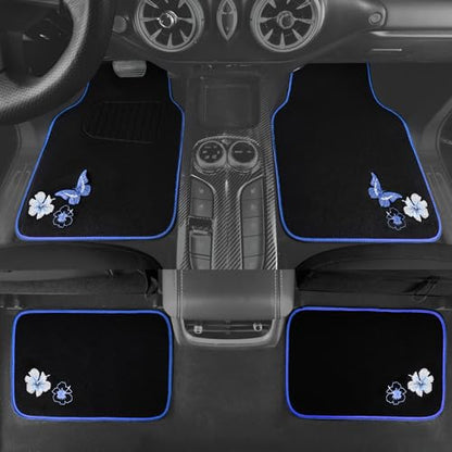 CAR PASS Universal Fit Embroidery Butterfly and Flower Car Floor Mats, Blue Car Floor Mats Fit 95% Automotive,SUVS,Sedan,Vans,for Women,Girly,Set of 4 (Black with Blue) - color: Blue Butterfly and Flower