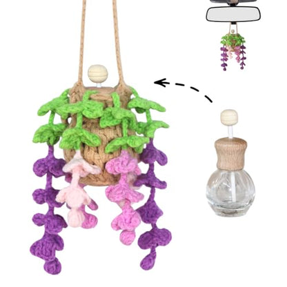 ROFIGL Handmade Crochet Hanging Car Air Freshener - Botanical Wisteria Blossom Design with 12ml Refillable Glass Essential Oil Bottle, Long-Lasting Car Diffuser & Nature-Inspired Decor - style: Wisteria