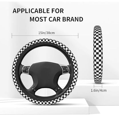 Checkered Steering Wheel Cover Checkered Black and White Steering Wheel Cover Checkereds Anti-Slip Breathable Universal for 14-15 Inch Car with 2 Pieces Car Coasters for Men Women - color: Checkered-Black and White