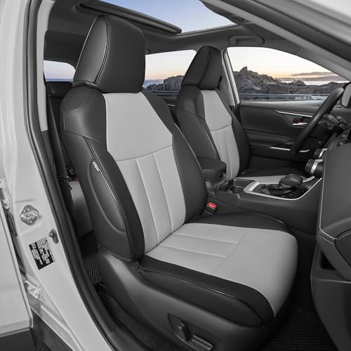 RAV4 Full Coverage Car Seat Covers for Toyota RAV4 2019-2025 Gas LE XLE XLE Premium Limited, Custom Fit Faux Leather Seat Covers Full Set, Water-Resistant Automotive Seat Protectors-Black Gray