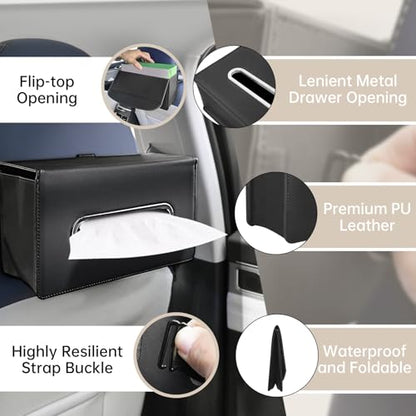 Car Tissue Holder, RSNGTA Rectangular Tissues Box Keep Vehicle Tidy, Premium PU Leather Car Seatback Napkin Holder for Standard 120 Tissues Size, Extra Large Tissue Box for Storage&Organization Black