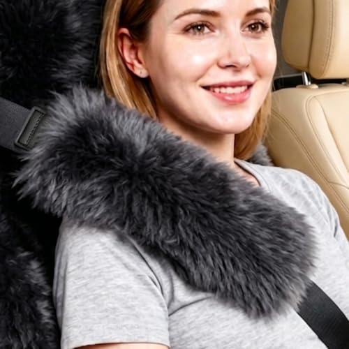 OGLAND Long Wool Sheepskin Seat Belt Covers, Seatbelt Pads for Adults Kids Women Universal Car 2 Pack (Steel) - color: Steel, size: Long Wool