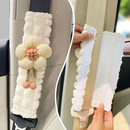 2 Pack Car Seat Belt Cover Pads, Soft Seat Belt Shoulder Pad with Petals, Cute Floral Car Seatbelt Covers Protector for Women Girls, Universal Fit for Cars (Light Yellow)