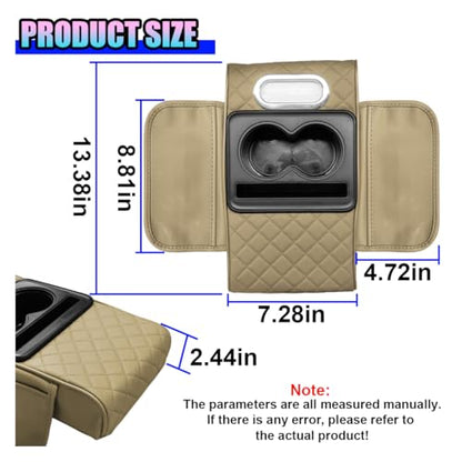 Leather Car Center Console Cover, Universal Automotive Armrest Booster Cushion, Vehicle Middle Console Organizer with 2 Cup Holders, Side Storage Bag, Tissue Box & Phone Slot(Beige) - color: Beige