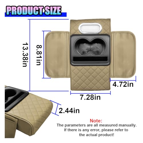 Leather Car Center Console Cover, Universal Automotive Armrest Booster Cushion, Vehicle Middle Console Organizer with 2 Cup Holders, Side Storage Bag, Tissue Box & Phone Slot(Beige) - color: Beige
