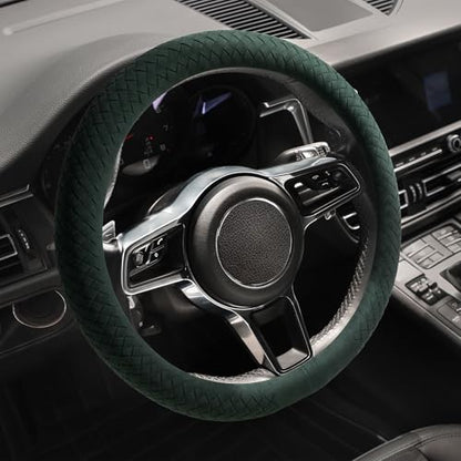 Suede Steering Wheel Cover with Upgraded Silicone Inner Ring, Breathable, Anti-Slip, Leather Universal 14.5 to 15 Inch Steering Wheel Cover (Green with Handwoven Craft) - style: Green with Handwoven Craft